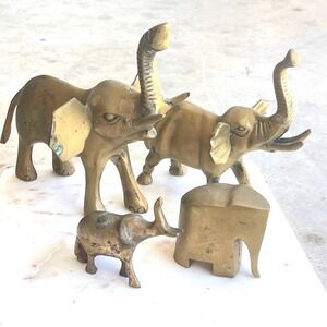 Vintage Brass Elephant Figurine Set 4 Piece Gold Good Luck Statues Mixed Sizes